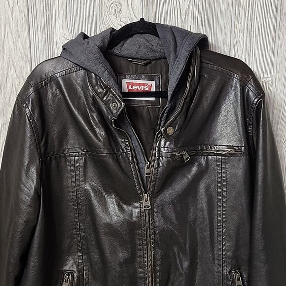 Levi's Mens Faux Leather Hooded Racer Jacket Size Large - Picture 2 of 14